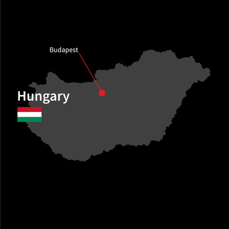 Detailed map of Hungary and capital city Budapest with flag on black backgroundのイラスト素材