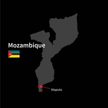 Detailed map of Mozambique and capital city Maputo with flag on black backgroundのイラスト素材
