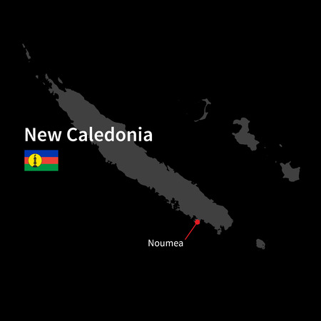 Detailed map of New Caledonia and capital city Noumea with flag on black backgroundのイラスト素材