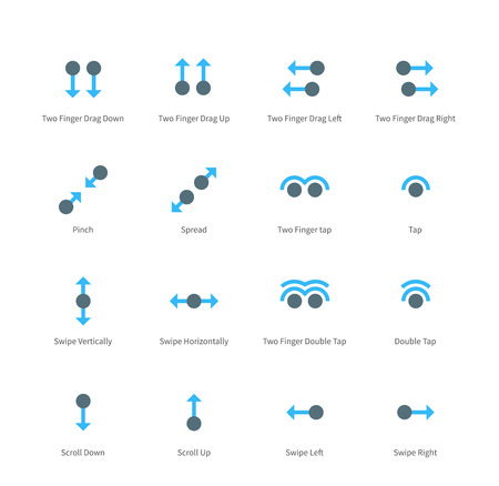 Pictogram collection of Touch Screen gestures and weather with tap, press, hold, swipe, spread and pinch for Device interface and Application. Flat color icons set isolated on white background.のイラスト素材