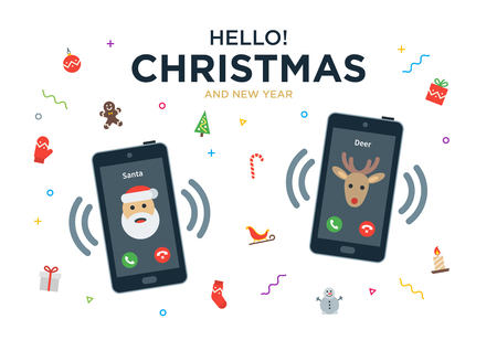 Vector Christmas Greeting Card with phone call from Santa Claus and Reindeerのイラスト素材