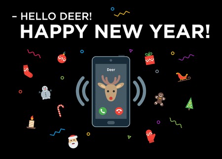 Christmas Reindeer phone call with lettering Happy New Year. Material design vector illustration on blackのイラスト素材