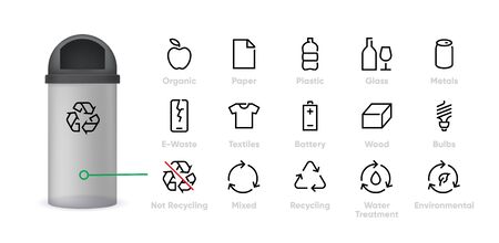 Recycling Icon. Types of Waste Materials vector symbols set. Sorting Pictograms isolated on white backgroundのイラスト素材