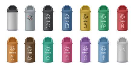 Separation Recycle Colorful Bin with icons and labels. Organic, Paper, Plastic, Glass, Metals, Wood, Bulbs, E-waste, Textiles, Battery and Not Recycling. Vector illustration. Isolatedのイラスト素材