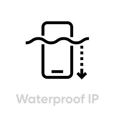 Tech specs waterproof IP phone icon. Editable line vector. Modern smartphone with water wave symbol and arrow depth. Single pictogram.のイラスト素材