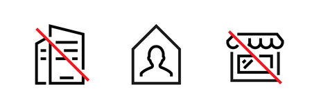Set of Ban Office, Shop, Business and Stay Home icons. Editable line vector. Symbols of an office...