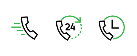 Phone Call icons. Editable Line Vector. Set symbol Time, 24 Hours and Emergency Call.