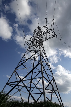 hight voltage line on the blue sky backgroundの写真素材