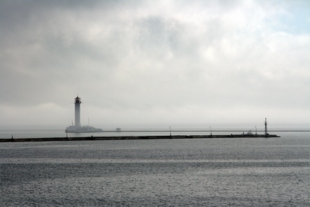 Lighthouse in a morning fog in Odessaの写真素材