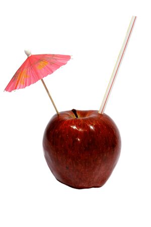 Apple with an umbrella on a white background の写真素材