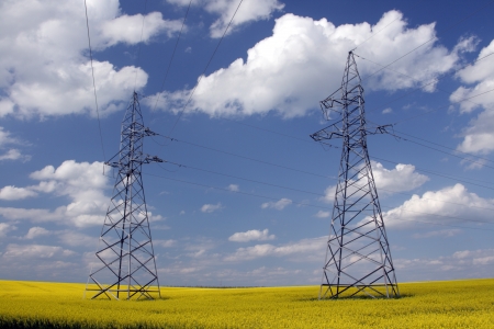 hight voltage line on the blue sky backgroundの写真素材