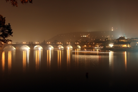 Fine view of the Charles bridge in a fog in Pragueの写真素材