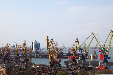 Loading and unloading of the goods in the Odessa port in Ukraineの写真素材