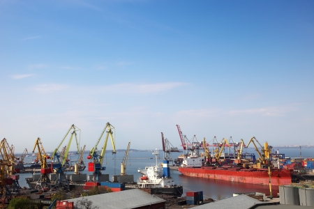 Loading and unloading of the goods in the Odessa port in Ukraineの写真素材