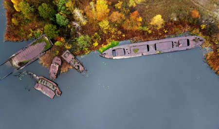 Sunken barges in the Pripyat river, Chernobyl exclusion zone, Ukraineの写真素材