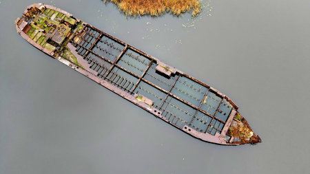 Sunken barges in the Pripyat river, Chernobyl exclusion zone, Ukraineの写真素材