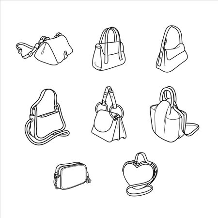 Collection of womens bags isolated on white background, line art, vector. Fashion illustration. Hand drawn.のイラスト素材