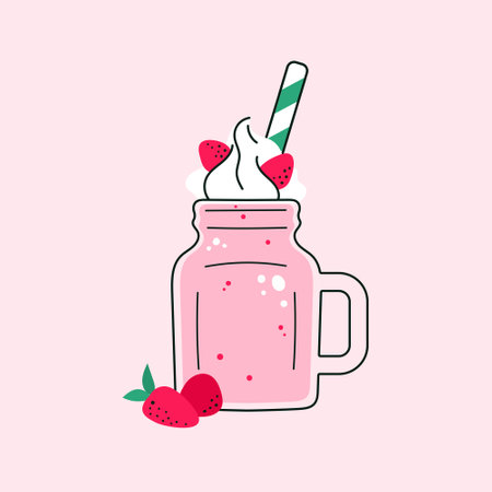 Colorful fruit milkshake design. Glass cup with straw filled with strawberry milkshake. Vector cartoon flat illustration isolated on light background.のイラスト素材