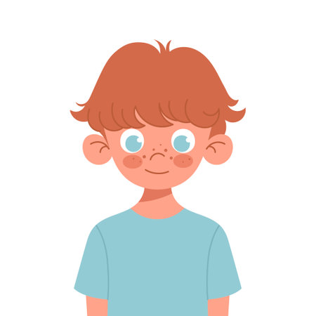 Vector cartoon funny little boy isolated on white background. Blue-eyed cheerful baby with red hair and frecklesのイラスト素材