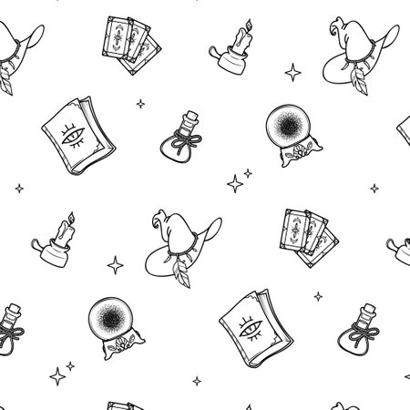 Seamless pattern for printing on fabric, magic items of a witch or sorcererのイラスト素材