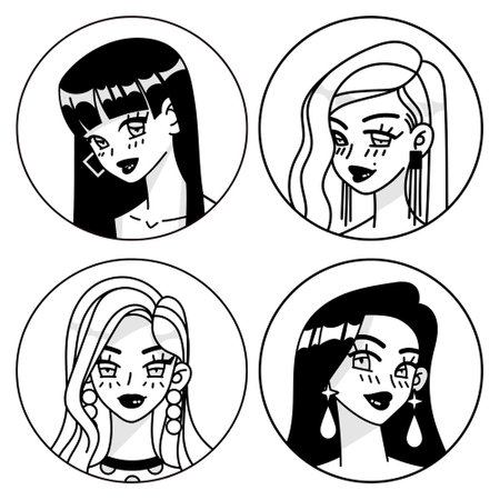 Set of K-pop and Korean idols. Cartoon character and symbol of the popular Korean musical trend. Flat bright and colorful vector illustrationのイラスト素材