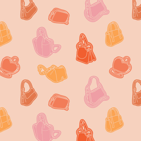 Background of womens handbags. Hand drawn vector. Warm colors. Seamless pattern for wrapping, printing.のイラスト素材