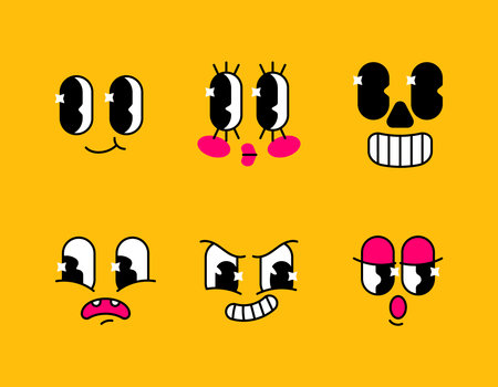 Vector set of funny faces cartoon characters retro 30s. Collection of emotions for your design. Contentment, embarrassment, joy, surprise, anxiety, anger, cunning, fatigue, sleepinessのイラスト素材