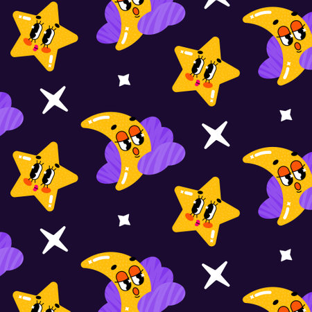 Vector dark purple seamless pattern with stars, moon and clouds. Cute and funny characters for kids backgroundのイラスト素材