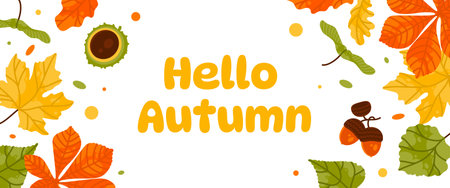 Autumn abstract art background with vector autumn leaves. Bright flat illustration perfect for fall festival decorative design, header, banner, web, wall decoration, cards.のイラスト素材