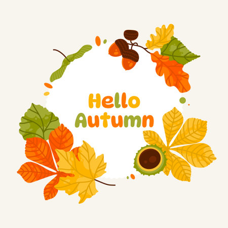 Abstract autumn background for social media posts. Colorful banner with autumn fallen leaves and yellowed foliage. Use for event invitation, discount coupon, advertisement.のイラスト素材