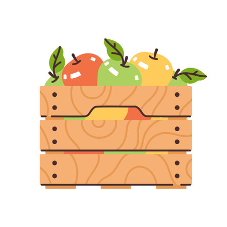 Wooden box with green yellow orange,red apples.のイラスト素材