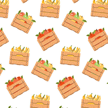 Pattern background with wooden boxes with apples, oranges and bananas.のイラスト素材