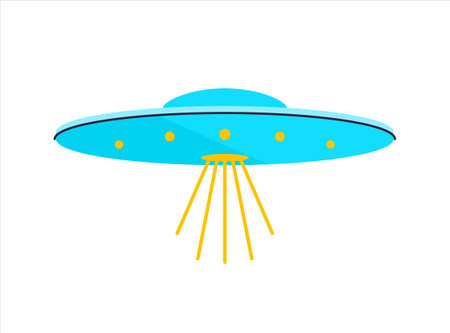 Vector illustration in flat style. Ultra violet UFO with lights. Alien space ship. Futuristic unknown flying object. Isolated on white backgroundのイラスト素材