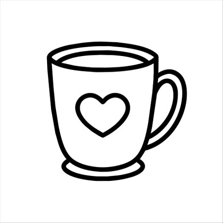 Vector icon of a modern cup decorated with a heart. Mug with a drink on a white background. Cute fashionable dishes with a handle for coffee and tea.のイラスト素材
