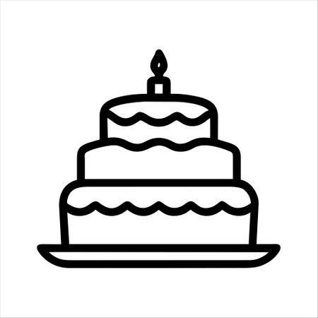 Vector contour black and white icon of cake with candle on white background. Festive event, birthday, anniversary, engagement. Sweet pastries. Logo for a cafe, pastry shop, store.のイラスト素材