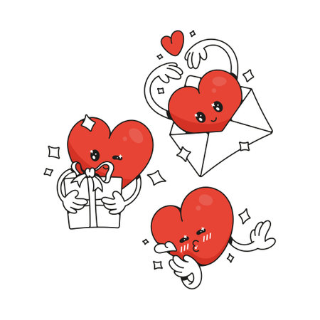 Red heart. Cute funny cartoon character. Set of stickers for February 14th.のイラスト素材