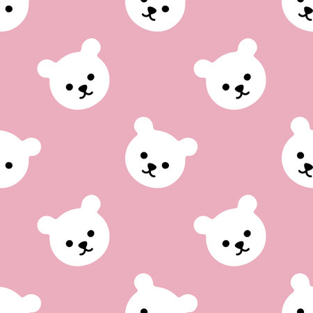 Seamless childrens pink pattern with white cute polar little bear head toy. Cartoon character. Vector pastel nursery background for textile, fabric, wallpaper, wrapping, newborn apparel.のイラスト素材