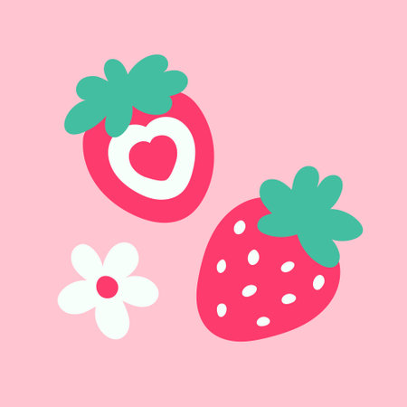 Set of cute hand drawn strawberries isolated on a pink background. Vector childrens illustration for print.のイラスト素材