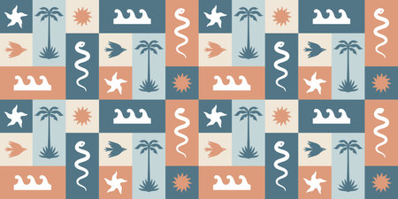 Summer tropical pattern boho style. Palm trees starfish wave sun bird snake
