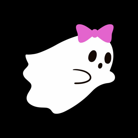 Cute ghost with a pink bow. Happy halloween funny scary character, spooky expression creature. Holiday print. Mystery creative vector clipartのイラスト素材