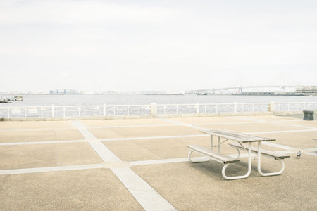 Scenery with bench and Yamashita Parkのeditorial素材