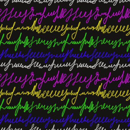 Seamless pattern with hand-drawn multicolored letters on a black background