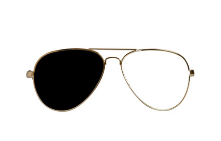 Aviator glasses with gold frames and broken glass. Isolated object on a white background.