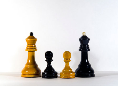 Black and white chess pieces on a white background with space for textの写真素材