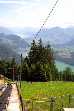 View of the lake Lucerne from the cable car, Switzerlandの写真素材