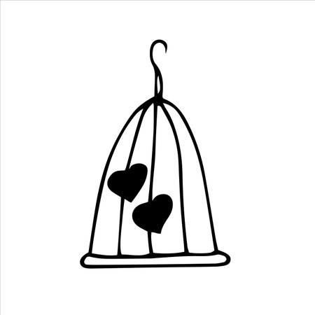 Cute doodle bird cage with hearts. Vector illustration.のイラスト素材