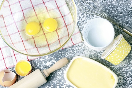 A Ingredients for the dough top view, home baking cooking conceptの写真素材