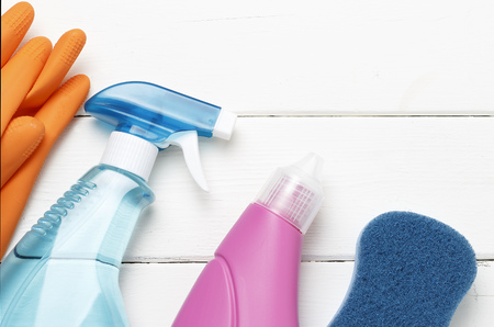 A window spray, sponge and gloves on white background top view, spring cleaning conceptの写真素材