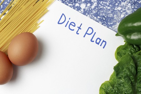 An Inscription Diet plan on white sheet, healthy food. View from aboveの写真素材