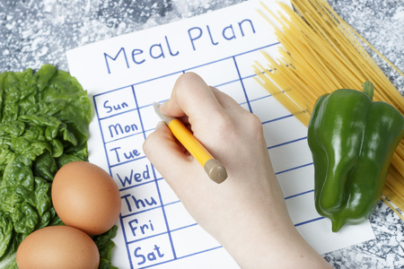 An inscription Meal Plan, schedule on white sheet and whriting hand. View from aboveの写真素材